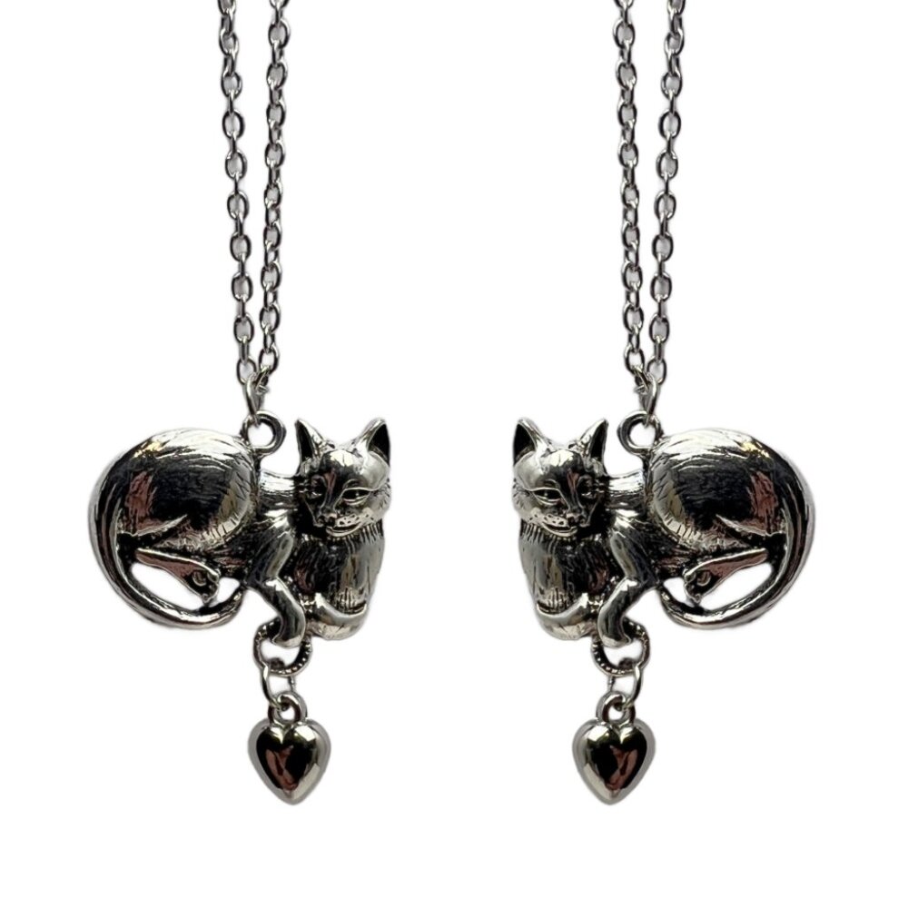 Twin Cat Heart Pendant Necklaces Silver Tone Cat Lover Sisters Friends Gift